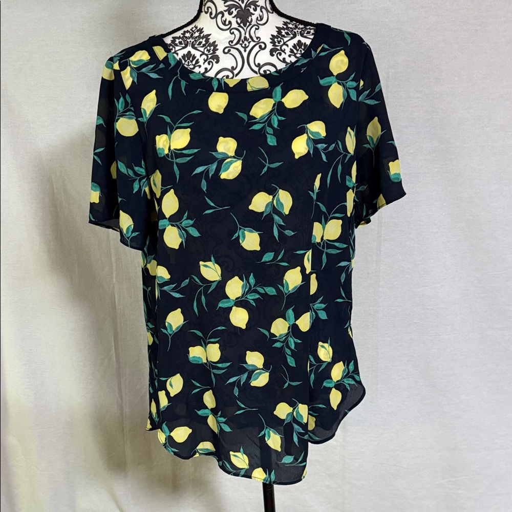 Banana Republic Factory Lemon Print Navy Semi-Sheer Blouse Good Condition Medium